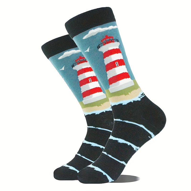 

Men's Trendy Cartoon Lighthouse Crew Socks - Breathable Polyester, All