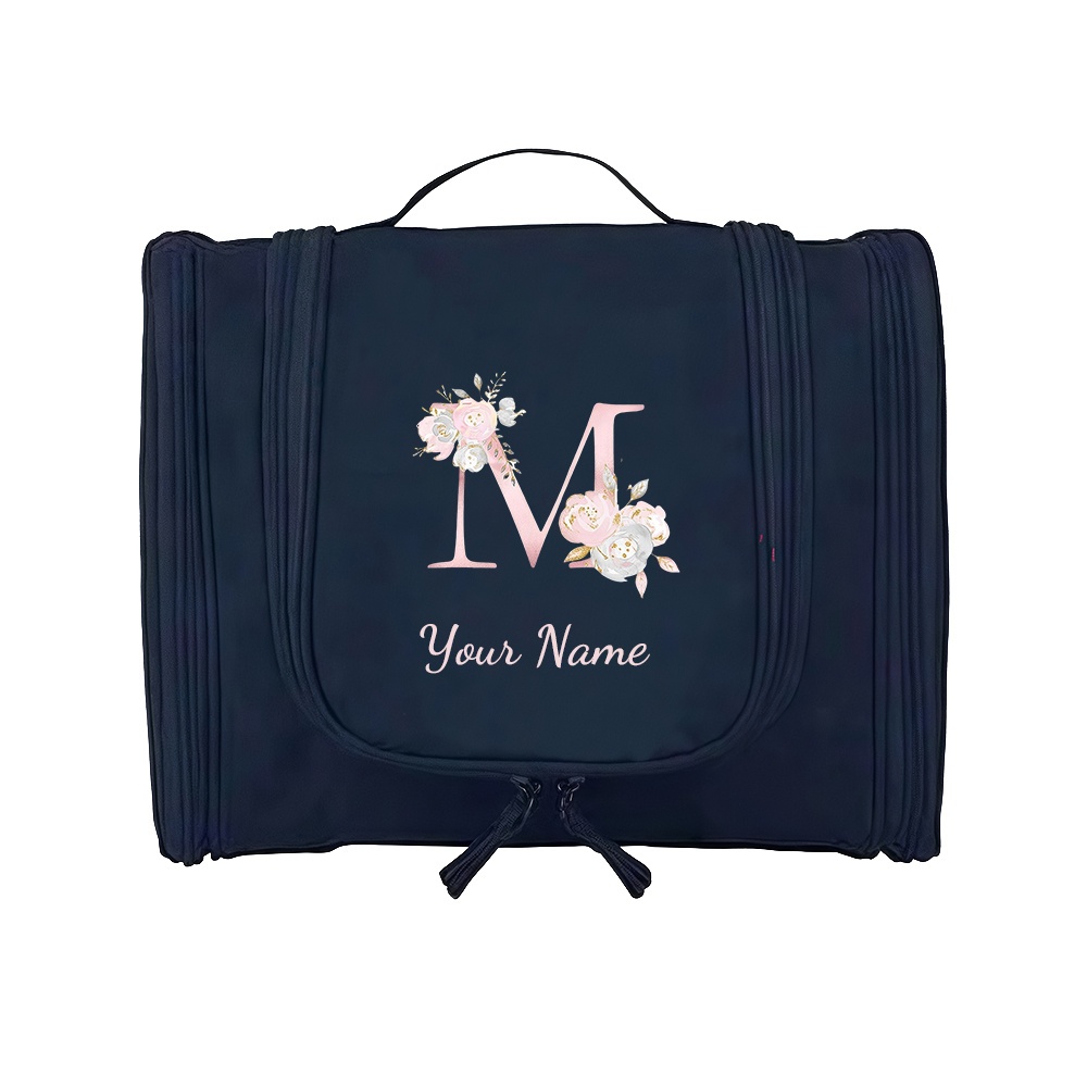 TEMU Customizable High Quality Toiletry Bag For Women - Large Capacity Travel Cosmetic Organizer With Pink Floral Print Letter, Durable Nylon Beach