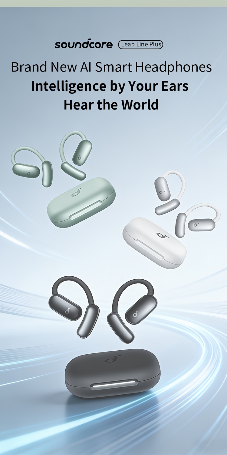 Soundcore by Anker Leap Line Plus Over-Ear AI Slimme Headset, Intelligente Realtime Vertaling, AI Simultaan Tolken, Open-Ear Draadloze Koptelefoon, Lange Batterijduur, Geschikt voor Sport, Hardlopen, Reizen en Uitjes