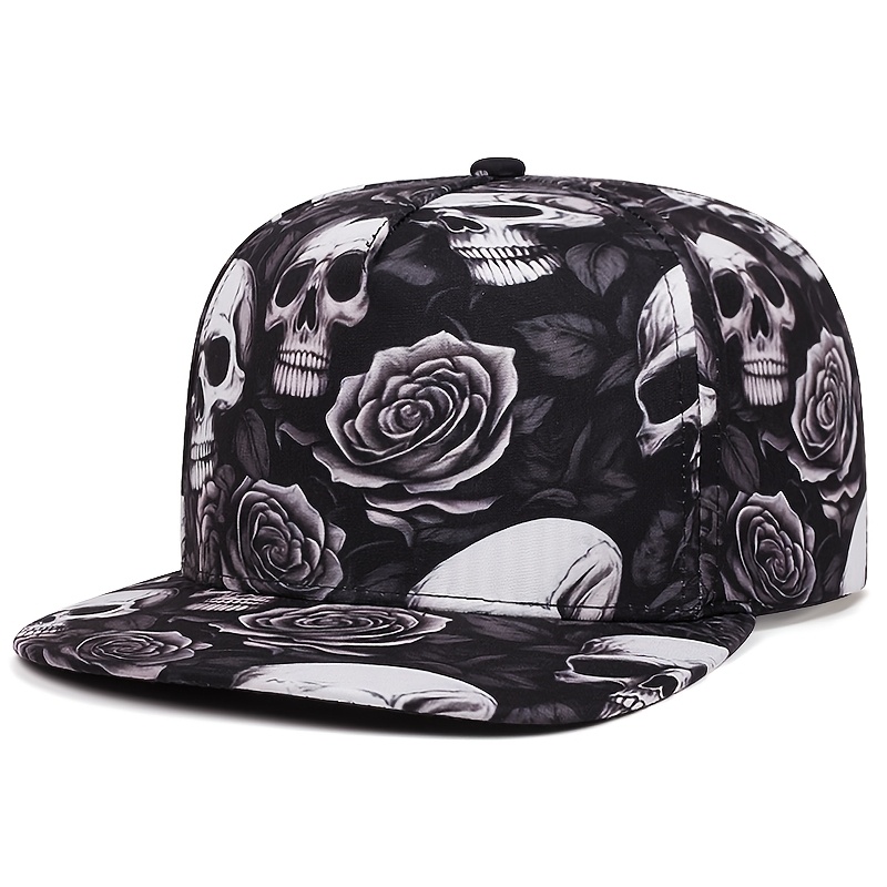 Vintage Skull Heart Rose Trucker Hat - Adjustable Snapback, Mesh Back, Unisex Cotton Cap