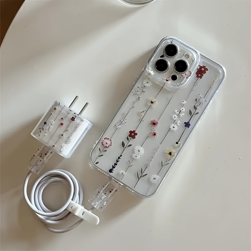 5pcs Set: 1 Transparent Phone Case with Colorful Flower Design + 1 Charger Protector + 2 Cable Protectors + 1 White Soft Silicone Cable Ties Suitable for iPhone 16/16 Pro/16 Pro Max/16 Plus/11/11 Pro/11 Pro Max/12/12 Pro/12 Pro Max/12 Mini/13/13 Pro/13 Pro Max/13 Mini/14/14 Pro/14 Plus/14 Pro Max/15/15 Pro/15 Pro Max Protective