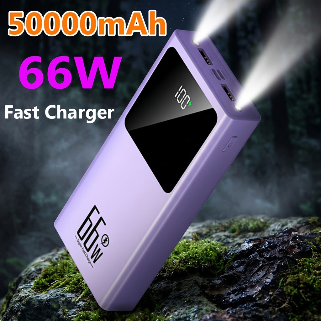TEMU 66w Fast Charging Portable Charger, 50000mah Large Capacity Power Bank With 2 Led Lights, Travel Essential Portable Powerbank, Usb C External