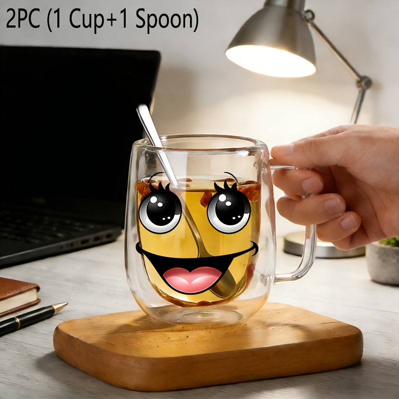 TEMU 2er-Set (1 Glasbecher + 1 Löffel), Isolierter, doppelwandiger Borosilikat-Glas-Wiederverwendbarer Wasserglas mit Griff, Großer, durchsichtiger