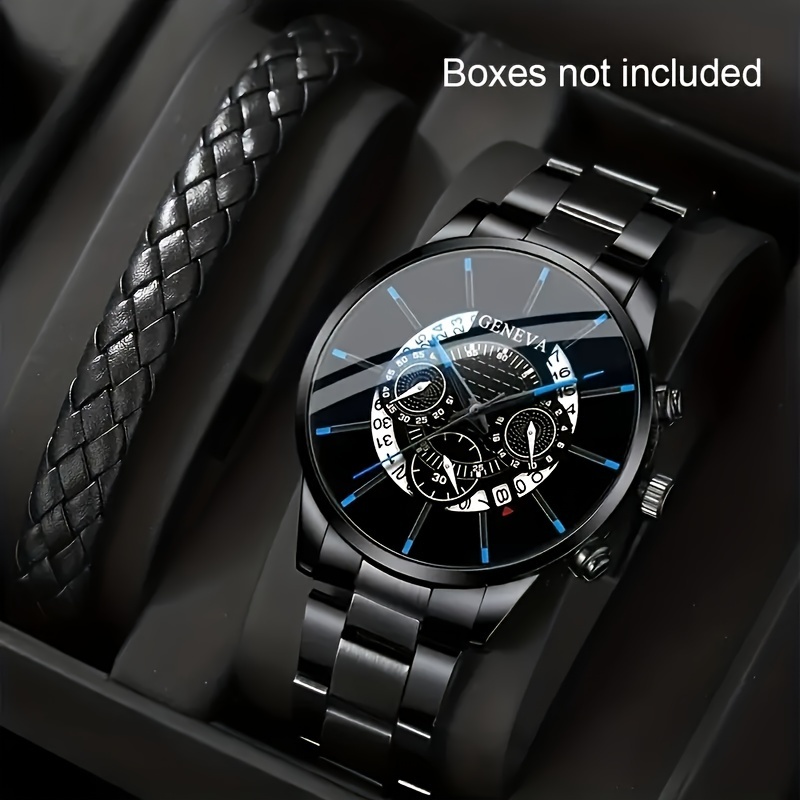 

2 Pcs Black Quartz Watches Alloy Strap Alloy Pointer Alloy Dial And Bracelet For Women Men