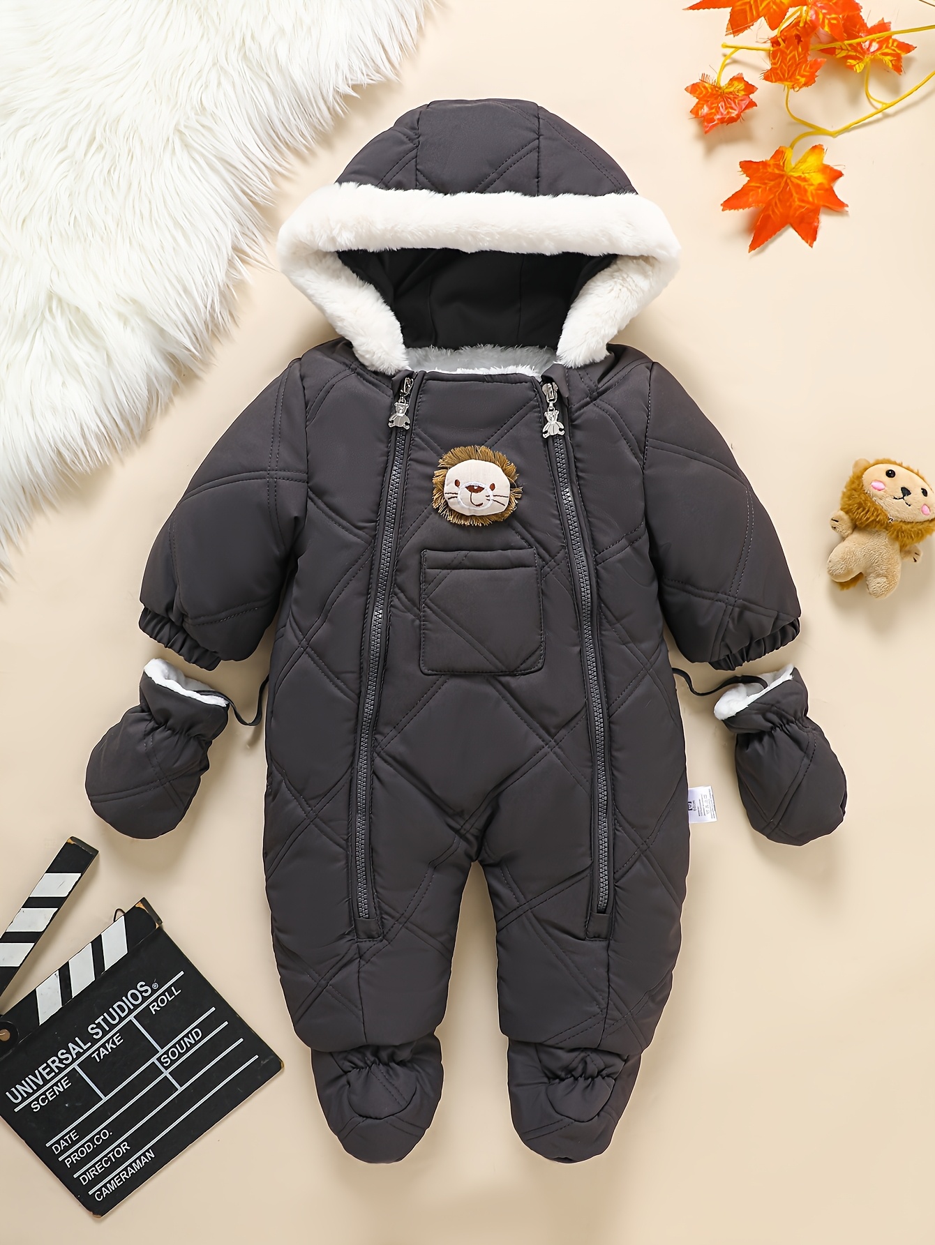 Unisex Cozy Winter Jumpsuit with Padded Hoodie & Matching Footie - Cozy Brown  , Double Zipper Pockets, Warm Winter Outfit for Toddlers & Infants, Toddler Winter Clothes, Soft Textured Fabric, for Outdoor