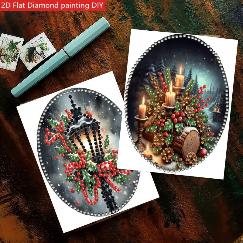 TEMU 2d Flat 6pcs Vintage Pine Branch Berry Diamond Painting Greeting Card Set, Ice And Snow Forest Berry Pattern Handmade Diamond Mosaic Gift Card