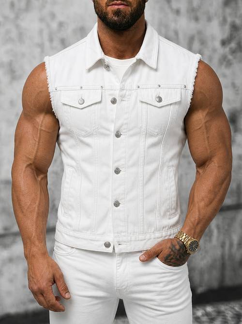 mens white denim vest with flared collar and sleeveless design fitting motorcycle style chiffon vest european and muscle mens casual multi use top spring summer outerwear for layering