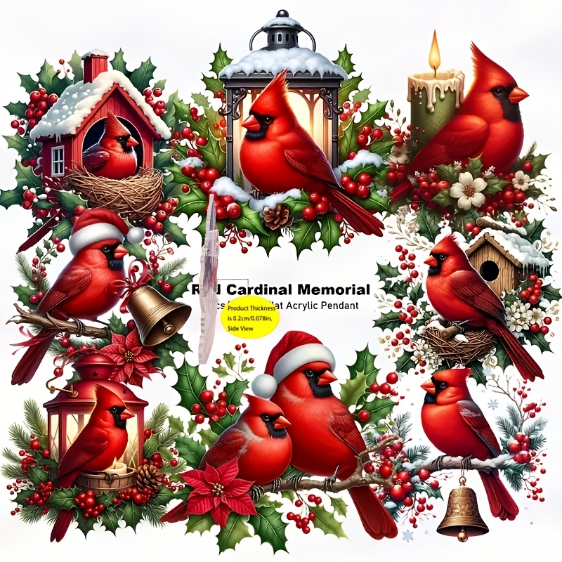 TEMU Décorations de Noël 2D Plates - Ensemble de 8 décorations en acrylique d'oiseaux rouges sur plan 2D - Parfait pour , et la décoration de fenêtre