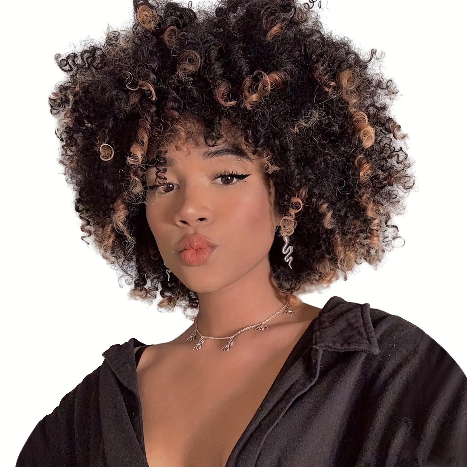 

Full Afro Bouncy Curly Black Synthetic Wigs Kinky Fancy Costume Halloween Party Cosplay Wig With Bangs