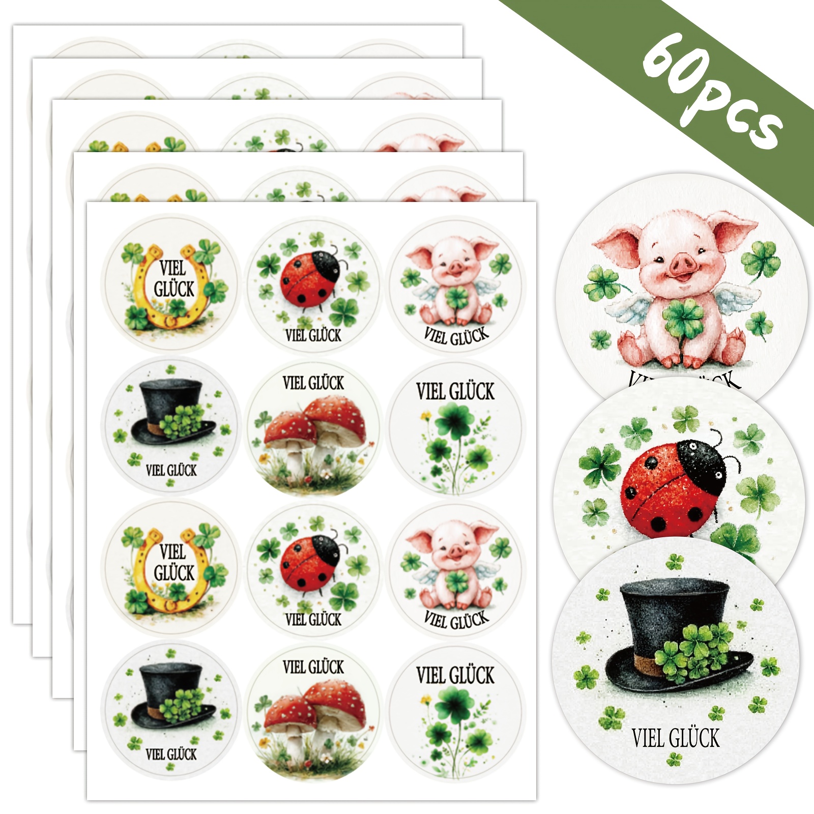 Image of 60pcs Clover Sticker Set With Multiple Good Luck Designs "viel Gluck" German Text Suitable For Birthday Cards, Party Decoration, Gift Packaging, And Handmade Stickers To Convey Good Luck And