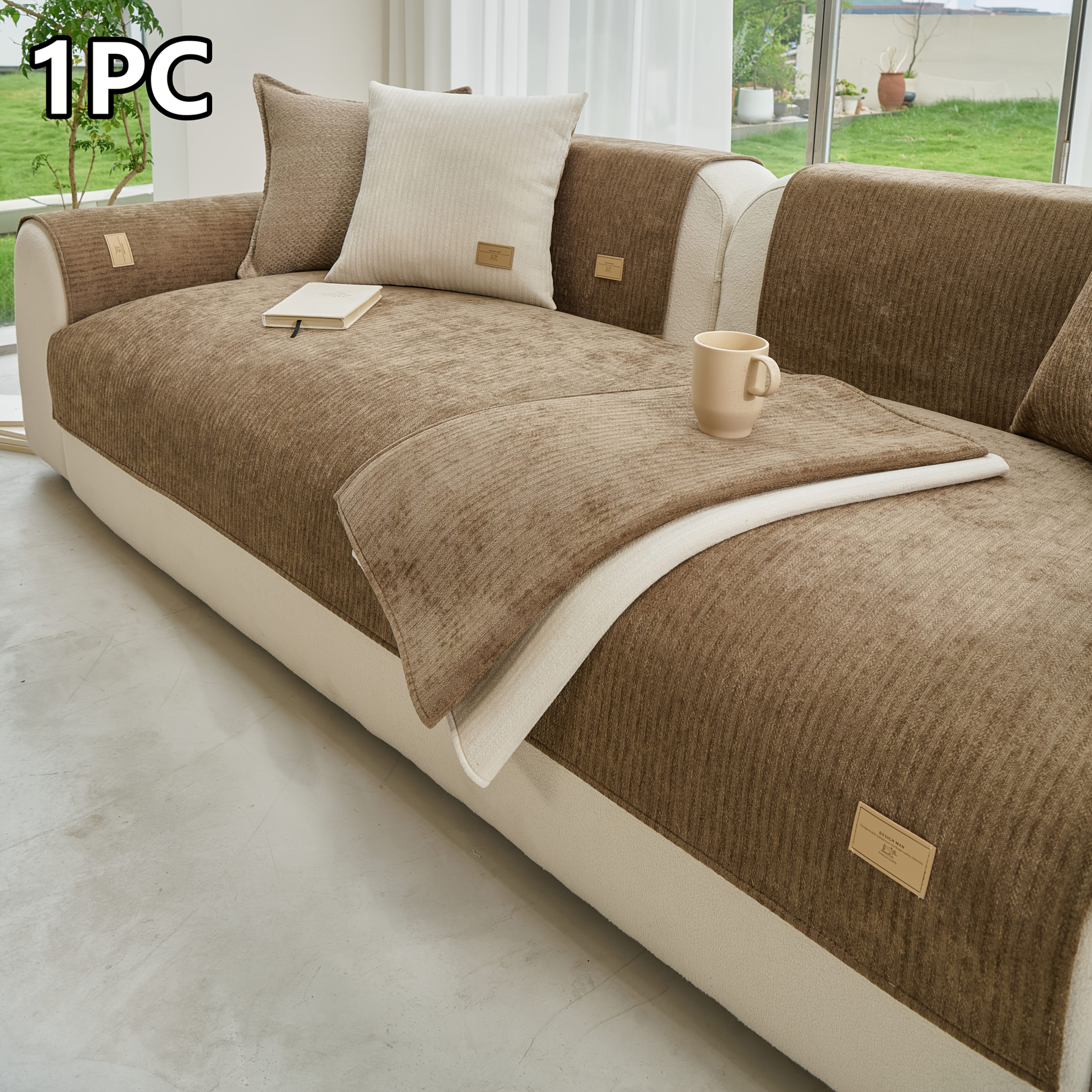 TEMU 1pc European-style Striped Sofa Cover, Chenille Material Sofa Cushion, Solid Color Seat Cushion, Decorative Sofa Cover, Protects Sofas From Cat