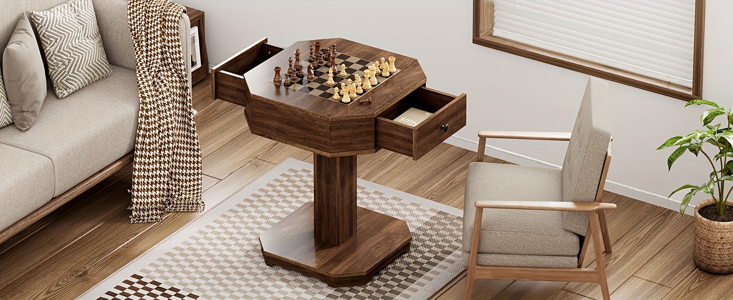 SOGES 2-Drawer Chess And Checkers Game Board Table, Combo Table For Chess And Checkers, Family Board Game Chess Table, Walnut Color