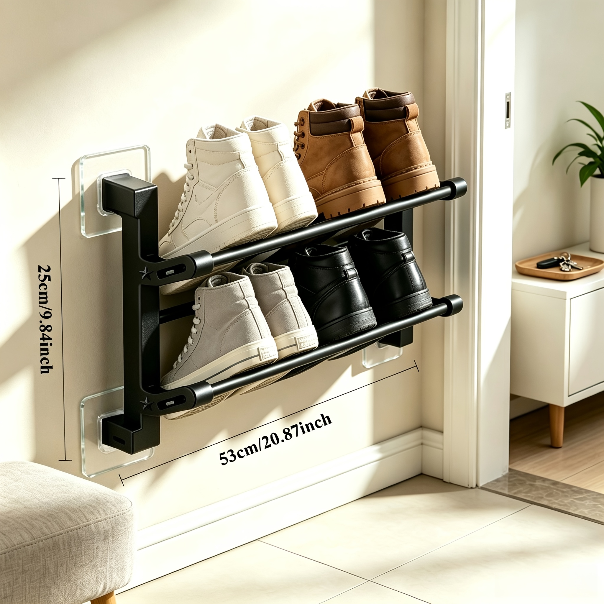 TEMU No Drill Wall Mounted 2-tier Shoe Rack, Waterproof Heavy Duty Sticky Hanging Shoe Organizer, Space Saving Metal Sneaker Holder, Rustproof Wall