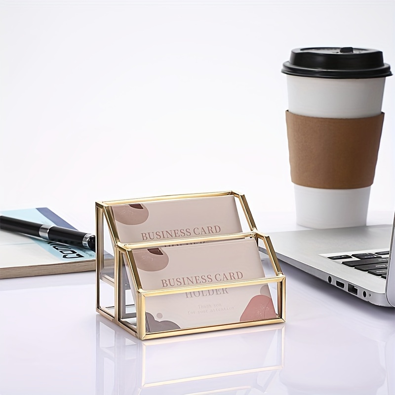 

Glass Business Card Holder With Golden Metal Frame, Desktop Card Display Stand With 2 Slots For Office Desk - Set Of 2