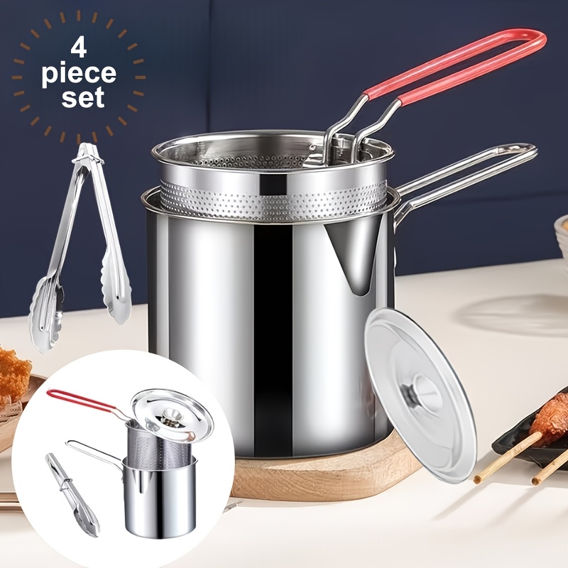 TEMU 4pcs Deep Fryer Set | Heavy Duty 304 Stainless Steel, Includes Filter Basket And Tongs, Induction Cooktop Compatible, Easy To Clean, Ideal For