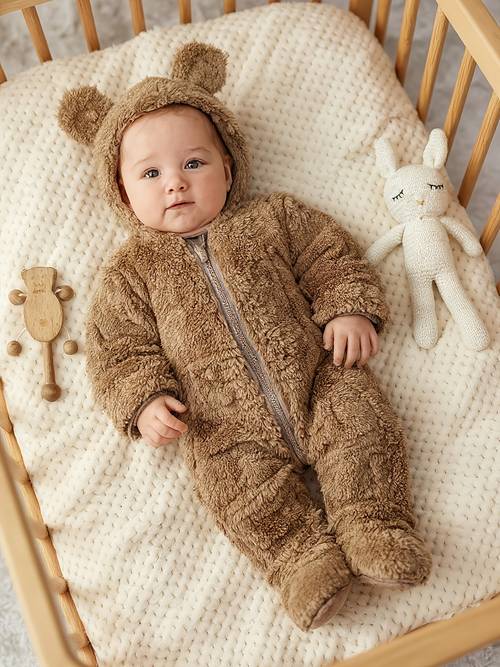 newborn baby boy cute cartoon print fleece hooded footie romper suitable for autumn indoor and outdoor wear for outdoor