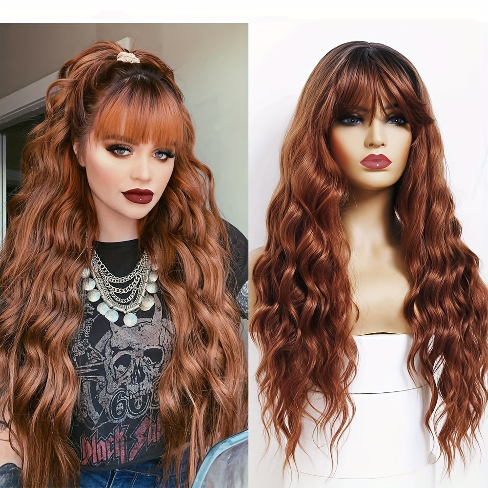 

Reddish Brown Wig With Bangs Ombre Red Brown Color Wig Wet And Wavy Long Loose Curly Wave Synthetic Heat Resistant Fiber Hair Gray Wigs For Women 26 Inch