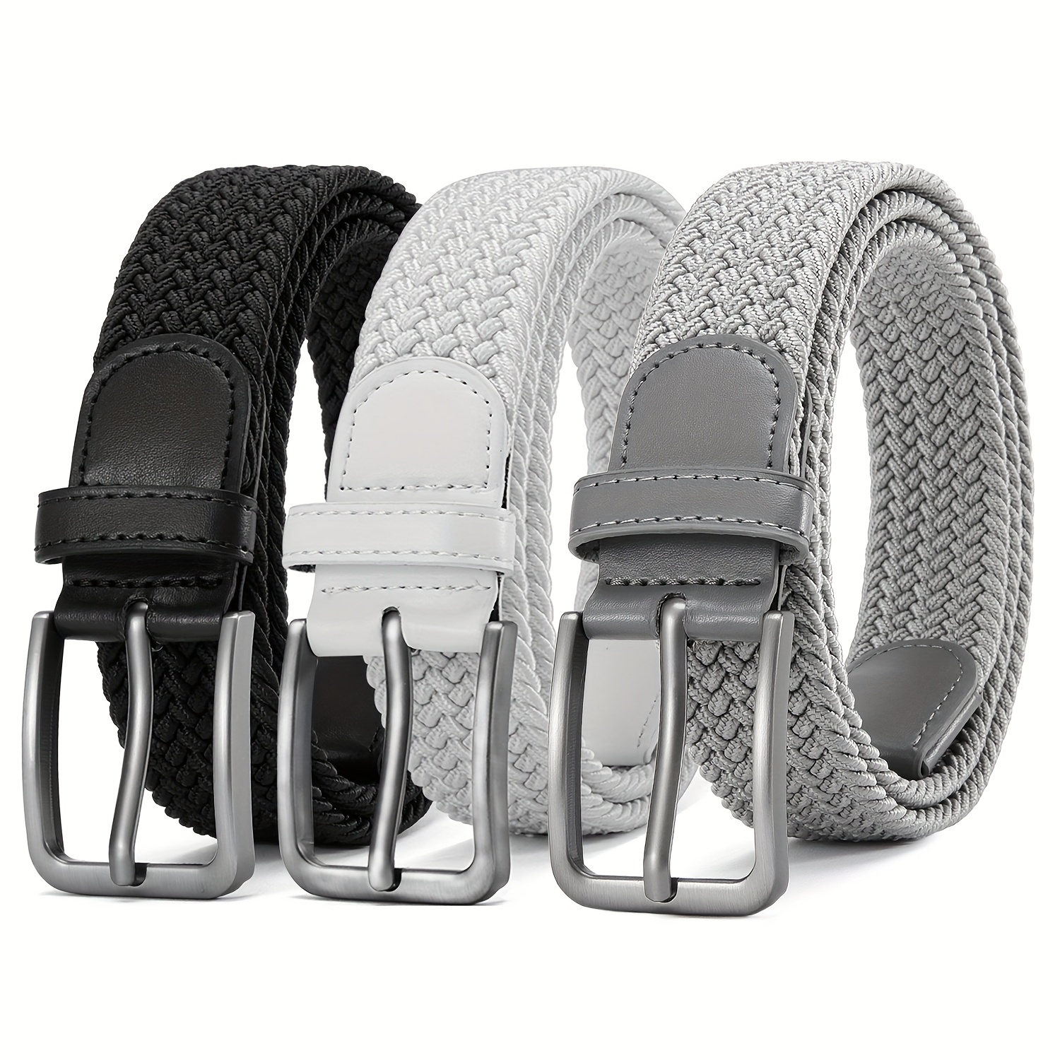 Men's 3pcs Braided Stretch Belts with Elastic Woven Design