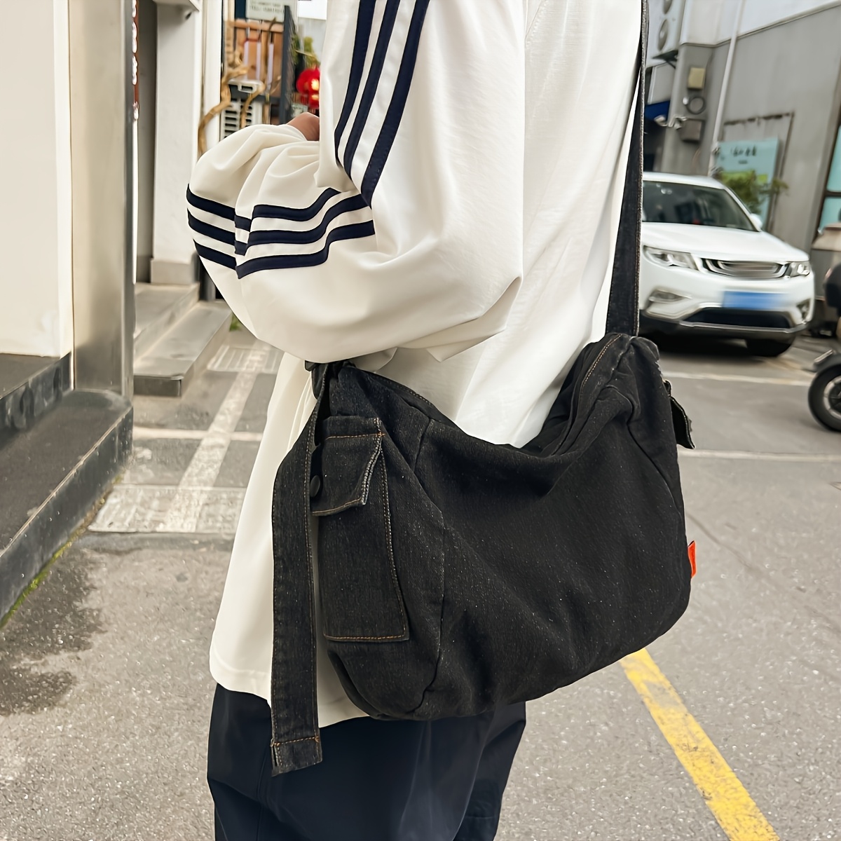 TEMU 1pc Men's Black Solid Color Multi-pocket Large Capacity Canvas Car Sewing Shaped Square Crossbody Bag Men's Travel Crossbody Bag Back To School