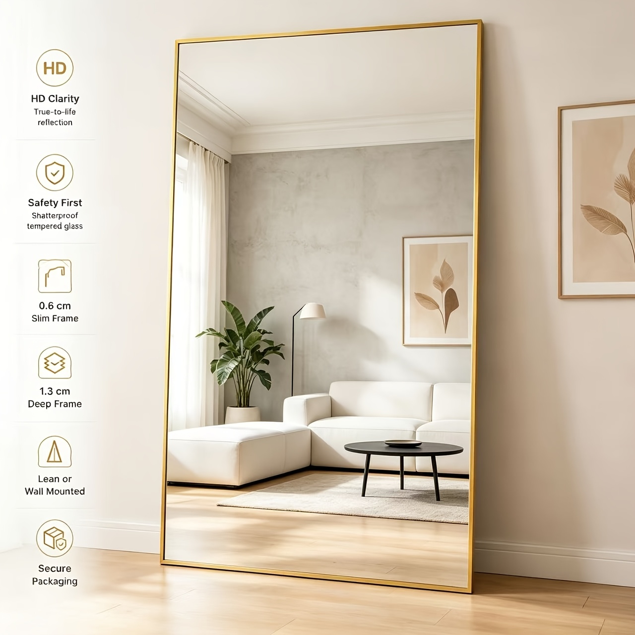 Image of Oversized Golden Full Body Mirror 173 X 76 Cm, Rectangular Freestanding Floor Mirror With Bracket, Hd Tempered Glass Decor Selfie Mirror, Suitable For Bedroom, Living Room, Walk-in Closet