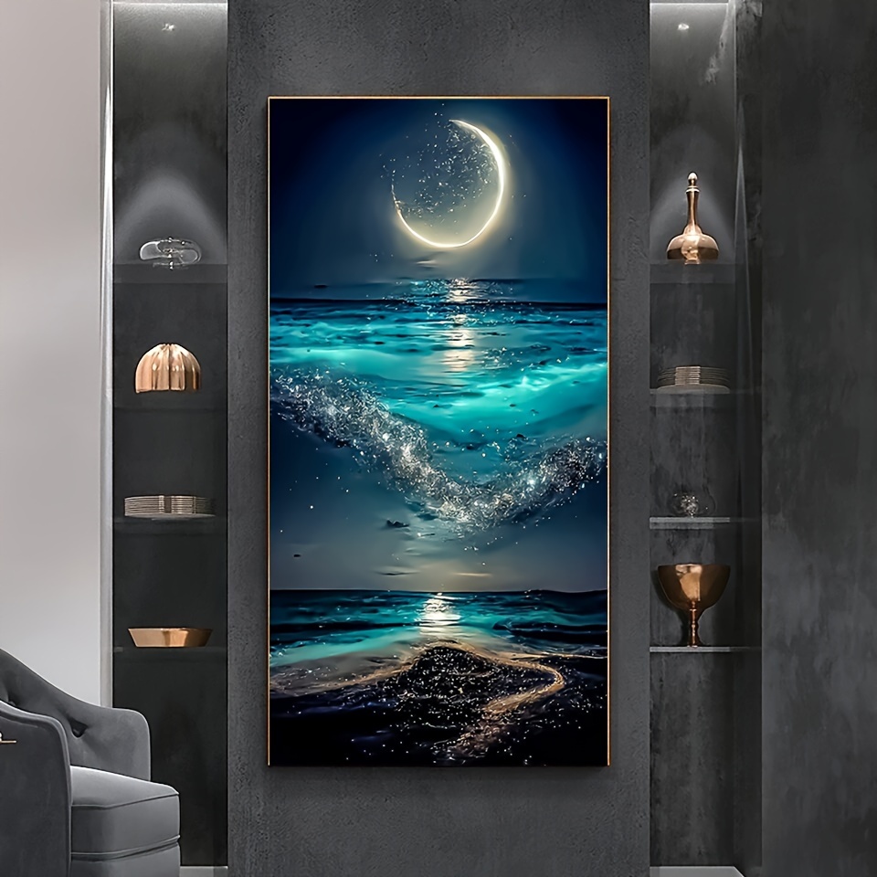 

5d Ocean Scene Diamond Painting Kit With Round Acrylic (pmma) Diamonds - Glowing Moon Over Sea Full Drill Embroidery Cross Stitch Art Craft For Wall Decor, 1pc 50x110cm Diy Mosaic Diamond Art Kit