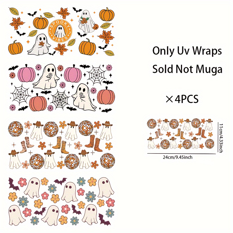 TEMU Set Of 4 Waterproof Uv Dtf Featuring Halloween Designs, Perfect For Glass Cups. Are Ideal For 16oz Glass Cups, Decorative Mugs, Bottles, And