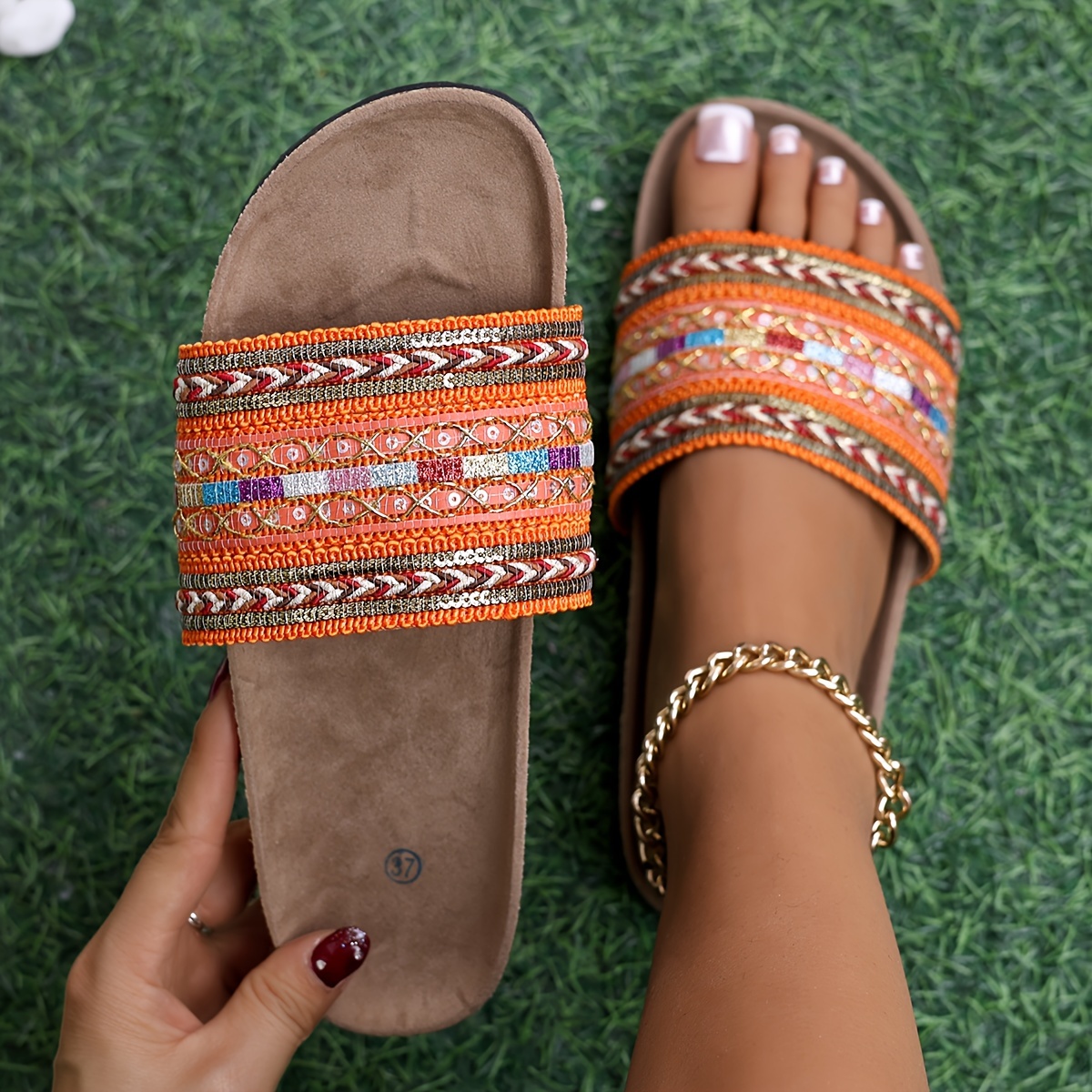 

Boho Style Women's Sandals, Fashion & Comfortable Ethnic Slide, Summer Woven Beach Slides