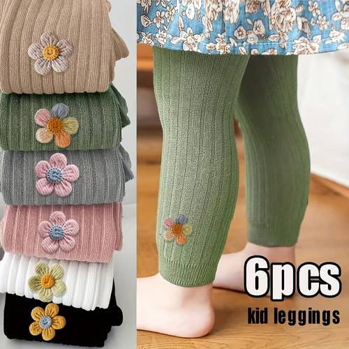 item picture set of 6 girls solid color leggings with floral decorations and vertical stripes 3 4 length comfortable and stretchy the product runs small please refer to the size chart