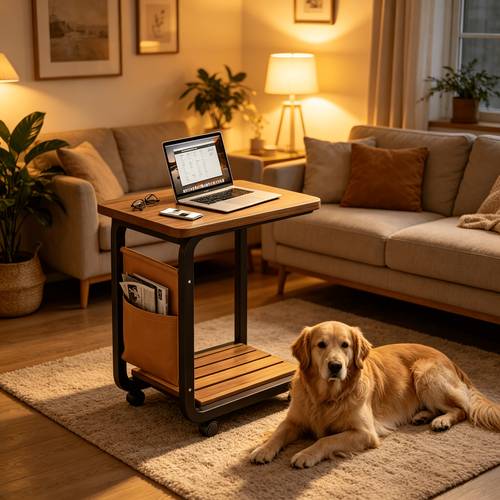 c shaped rolling side table solid wood coffee table and nightstand with storage bag heavy duty metal frame and silent 360 degree swivel wheels for living room rv office