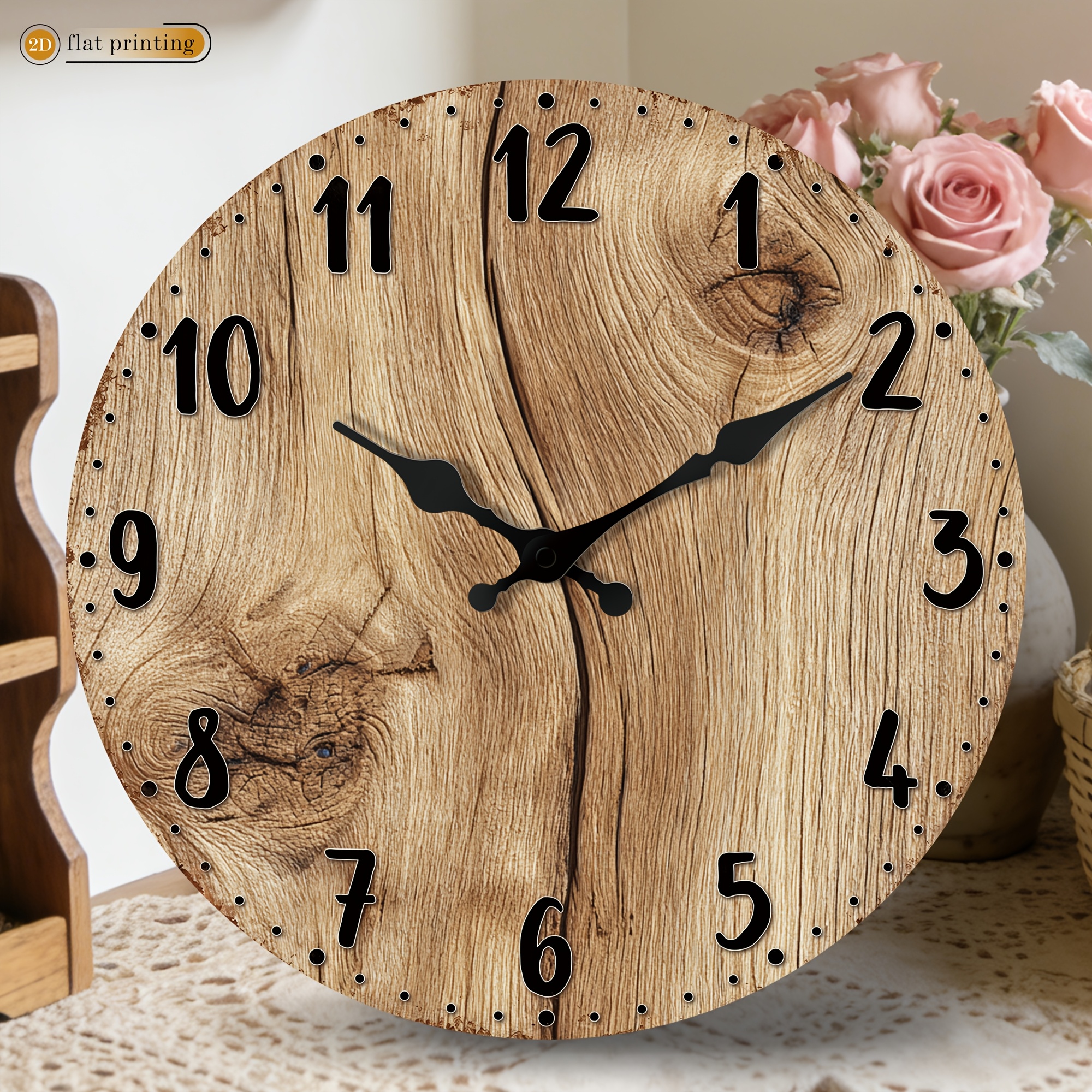TEMU [2d Flat] 1pc Wooden Texture Wall Clock With Black And Hands - Style Wooden Silent Wall Clock, Suitable For Restaurant, Kitchen, And Graduation