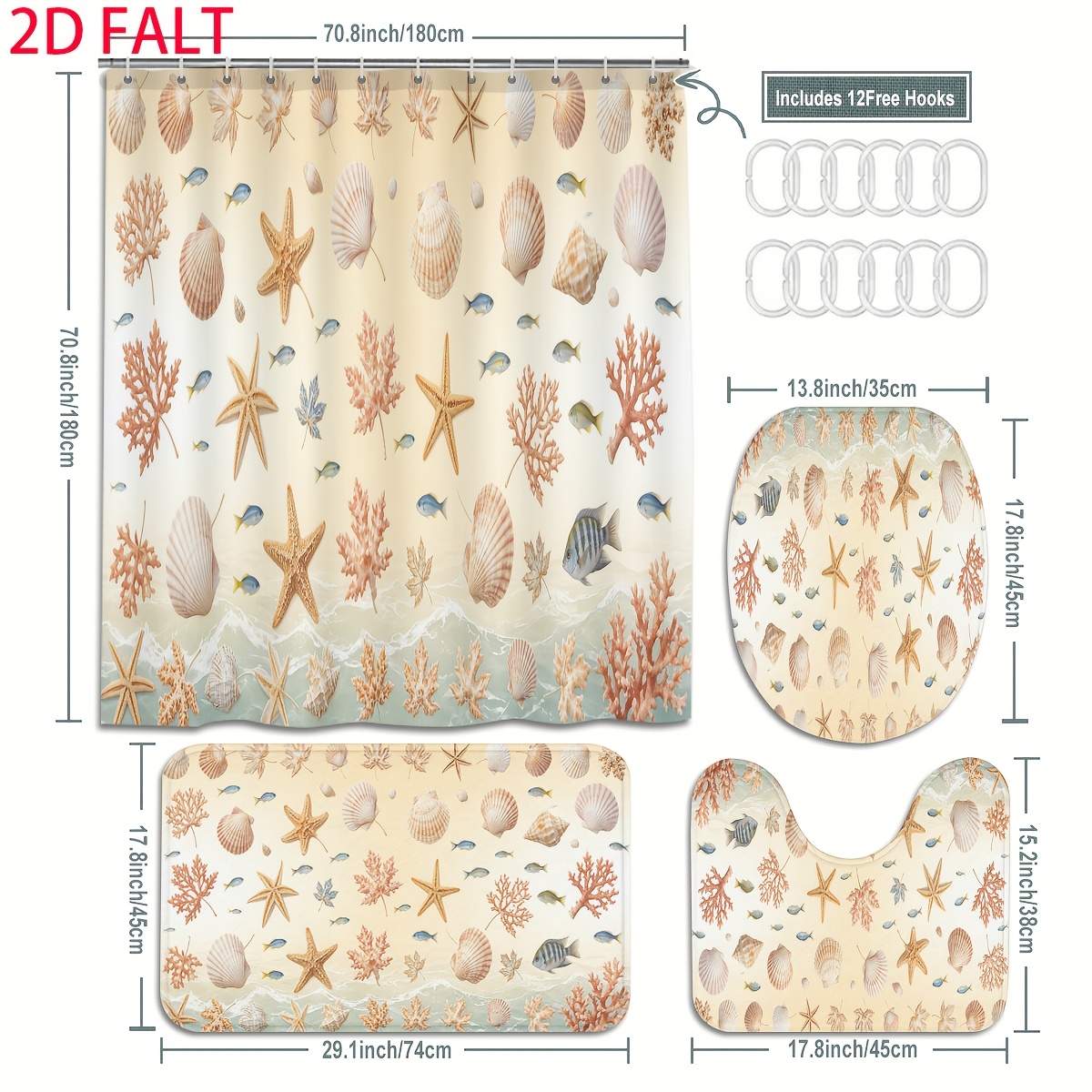4pcs Coral, Starfish, and Seashell Shower Curtain Set with Bath Mat