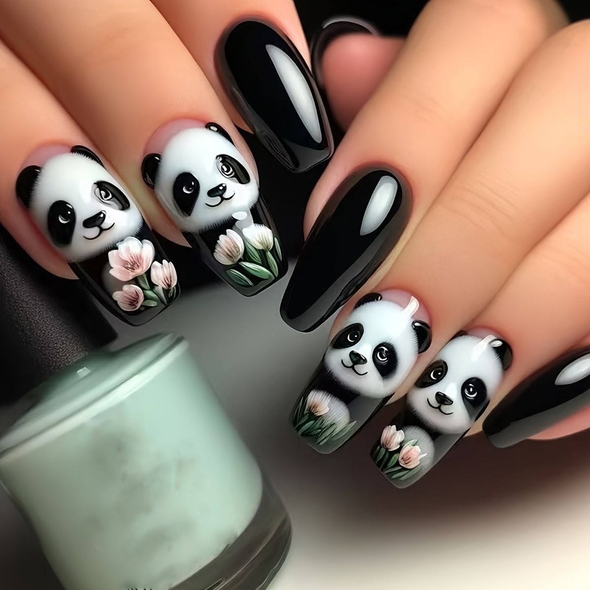 Image of 24pcs & White Panda Press-on Nails - Medium , Cute Panda & , Elegant And Fun Nail Art For Parties Or Casual Attire