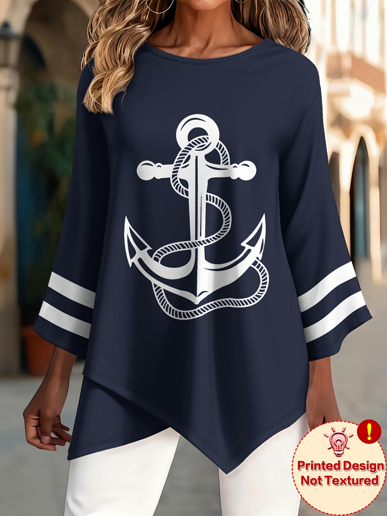item picture plus size plus size printed design not textured fashionable   neck plus size   rope print artistic ocean nautical   comfortable cross back asymmetrical womens round neck 3 4 sleeve t shirt for spring summer holiday gif