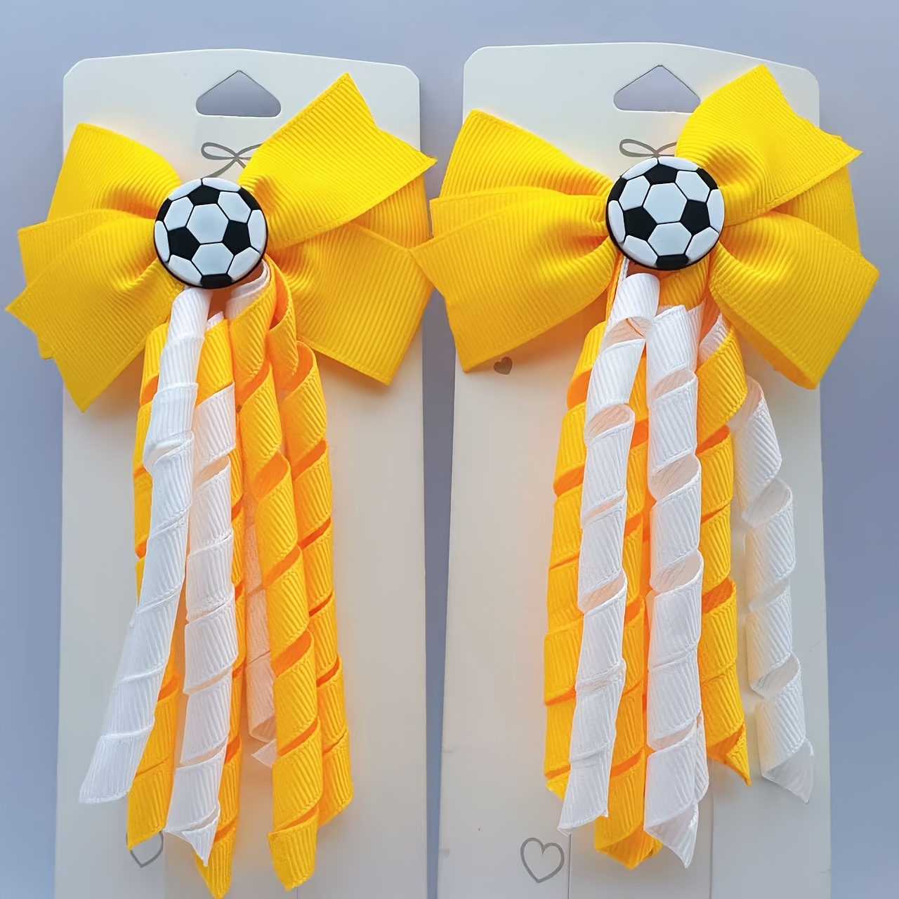 TEMU Set Of 2 Football-themed Spiral Ribbon Bow Hair Clips, Available In Navy Blue, Yellow, And Green. Spiral Ribbon Football-themed Duckbill Clips