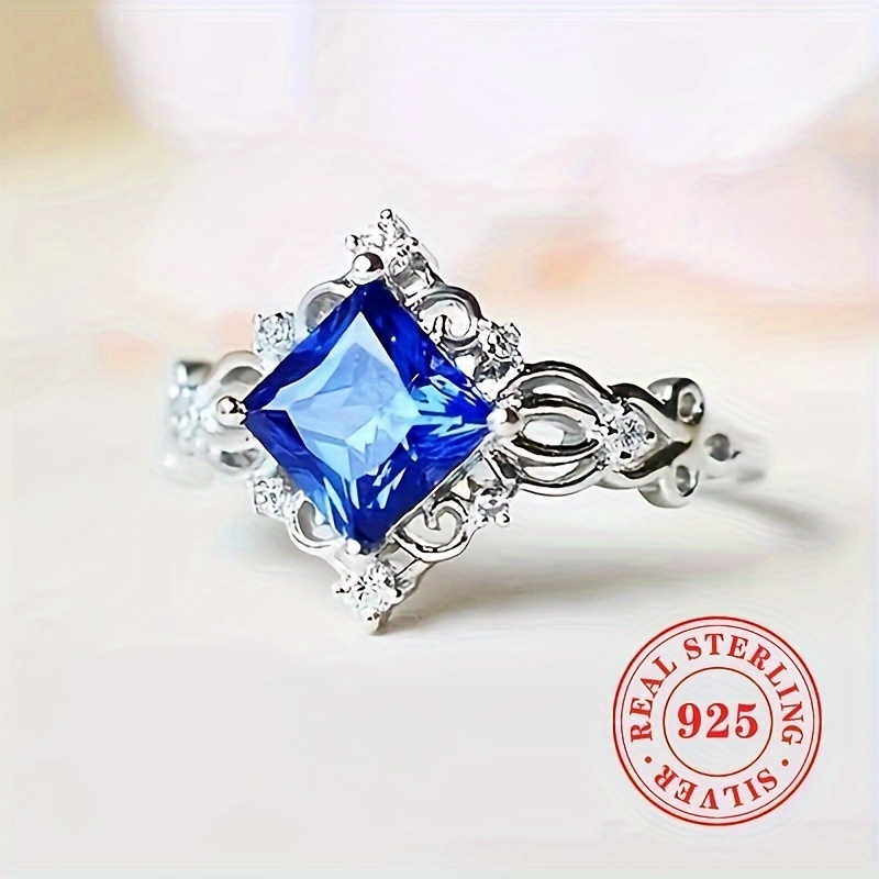 

Luxury Elegant 925 Sterling Silver Ring, Vintage Hollow Filigree Design, 4-prong Square Blue Synthetic Gemstone, Women Engagement & Daily Wear Fashion Jewelry