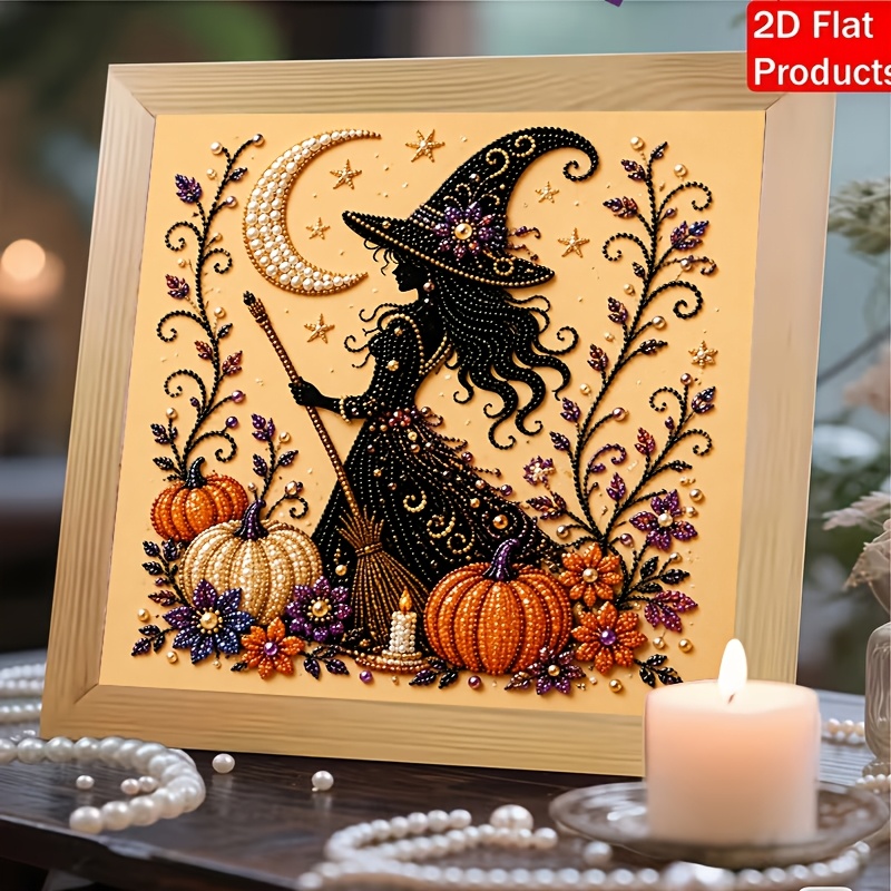 TEMU 1pc, 2d Flat Printing, New Painting, Handmade Diamond Painting, Halloween Witch Pumpkin Moon Decorative Art, Living Room Wall Art, Creative