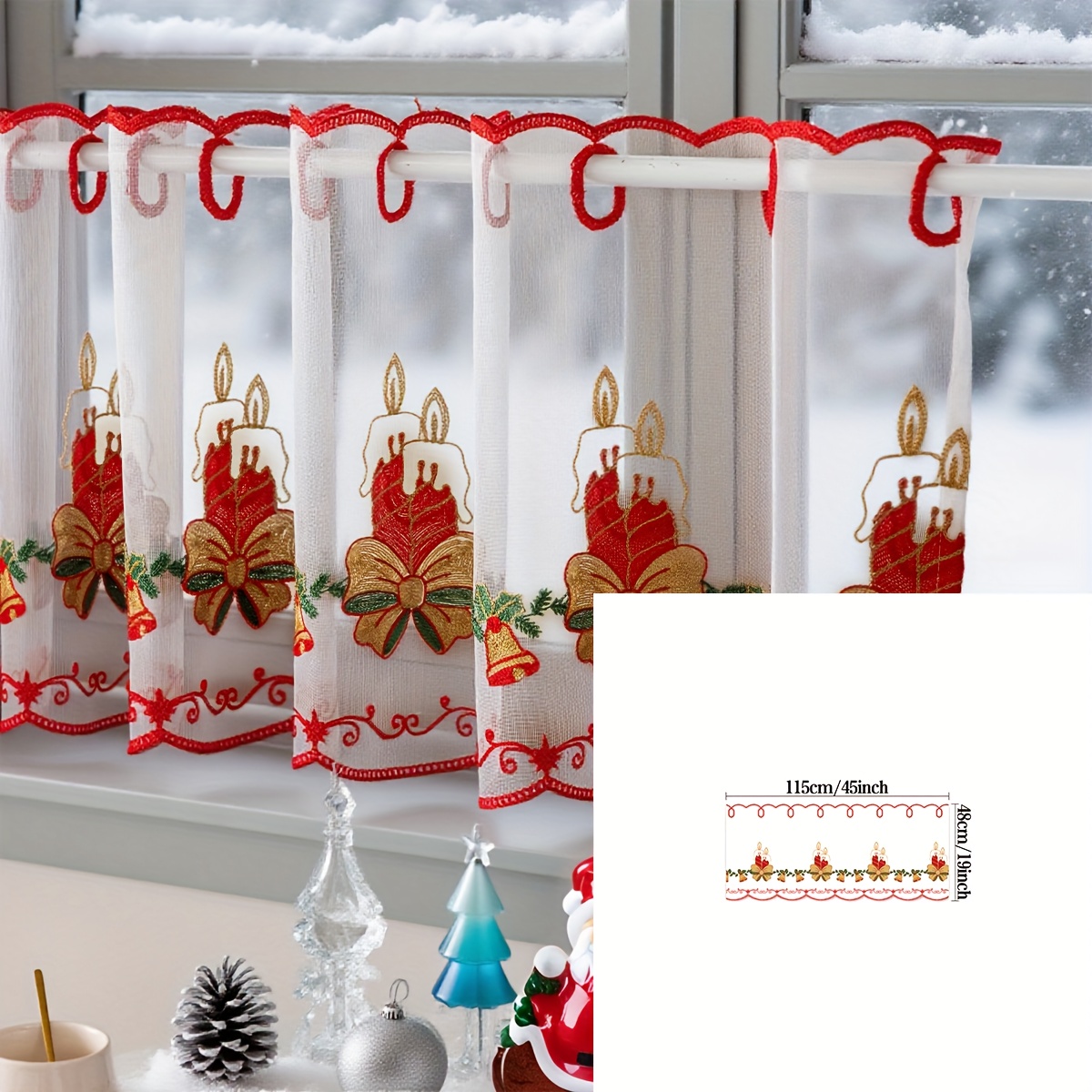 Image of 1pc, Christmas Decoration Transparent Short Curtain, Embroidered Design Candle Bell Bow Semi-sheer Small Curtain Half-curtain, For Living Room, Bedroom And Kitchen, Small Window Decor Drapes