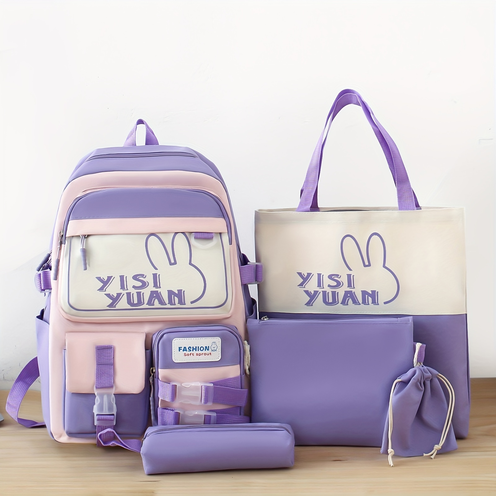 

5pcs Cute Rabbit Pattern Backpack, 1 Set Aesthetic Preppy Schoolbag Travel Knapsack With Tote Bag Crossbody Bag Drawstring Bag And Pencil Case