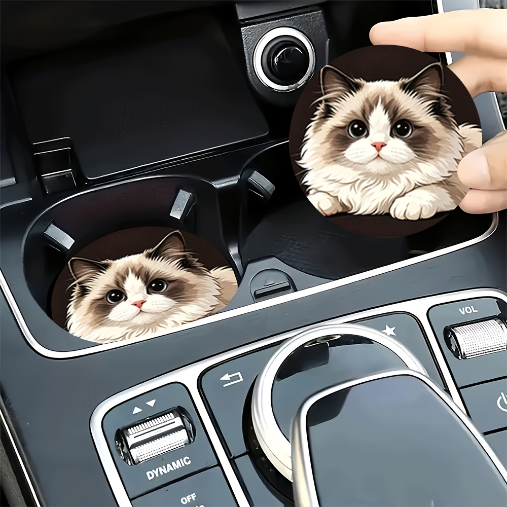 TEMU 2pcs Cute Ragdoll Cat Illustration Car Coasters, Non-slip, Durable, And Easy To Clean, Cup Holder Decor, Suitable For Daily Commuting,