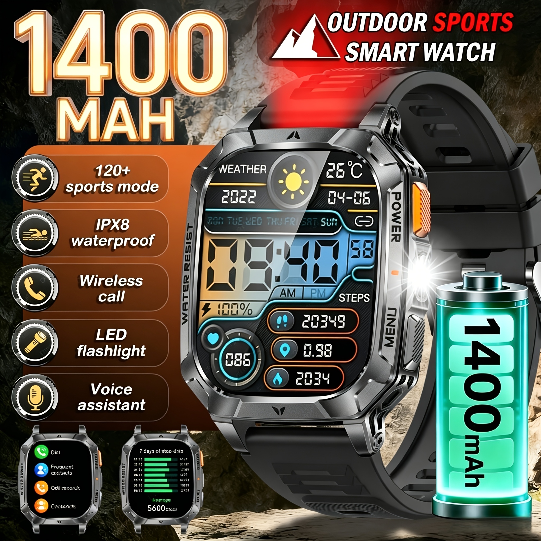 Image of Outdoor Smart Watch With Flashlight And Sos Alarm, 2.01'' Large Display 1400mah Long , 100 Fitness Waterproof Activity Band Gift For Men Women Ios