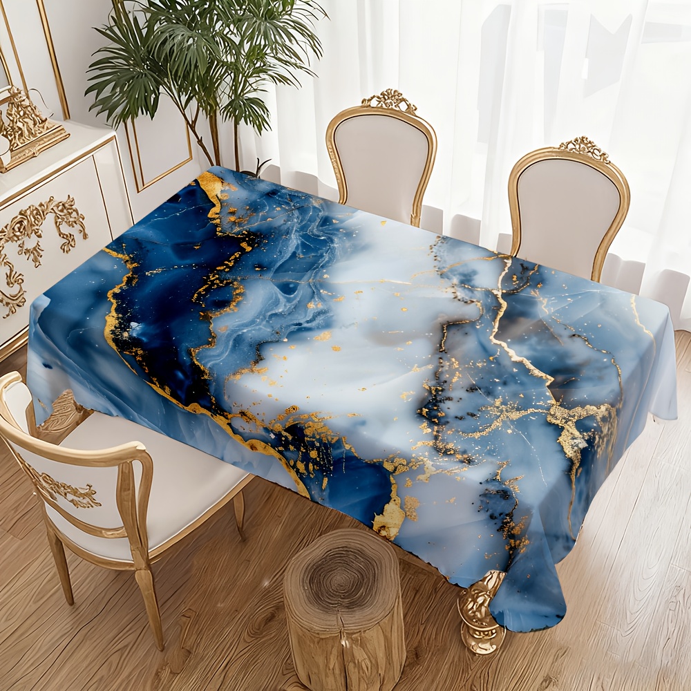TEMU 1pc Blue And White Abstract Texture Pattern, Dotted With Golden Lines And Spots, Presenting A Flowing Marbled Effect, The Overall Elegant And ,
