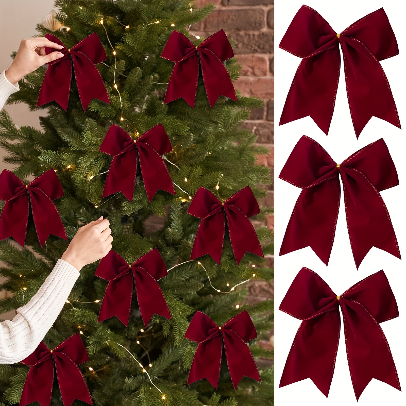 Image of 8 Velvet Christmas Tree Bows - 6-inch Vintage Velvet Ribbon Christmas Bows, Suitable For Gift Wrapping, Christmas Tree Topper, Wreath Decoration, Wine Red Halloween