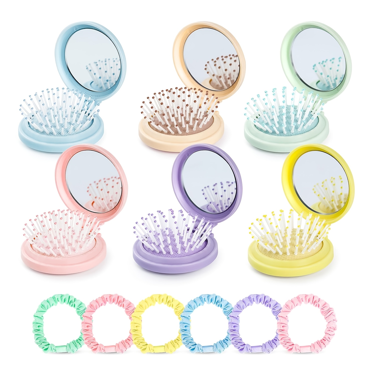 TEMU 12pcs Comb Set With Mirror And Hair Ties, Includes 6 Mini Travel Combs And 6 Soft Fabric Hair Ties, Portable Styling Accessories, Party Birthday