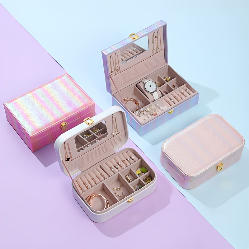 1pc holographic portable jewelry organizer box with   multiple compartments soft   leather lining   leather iridescent   secure snap closure for earrings necklaces rings watches travel friendly storage case accessory organization contemporary design Product details 4