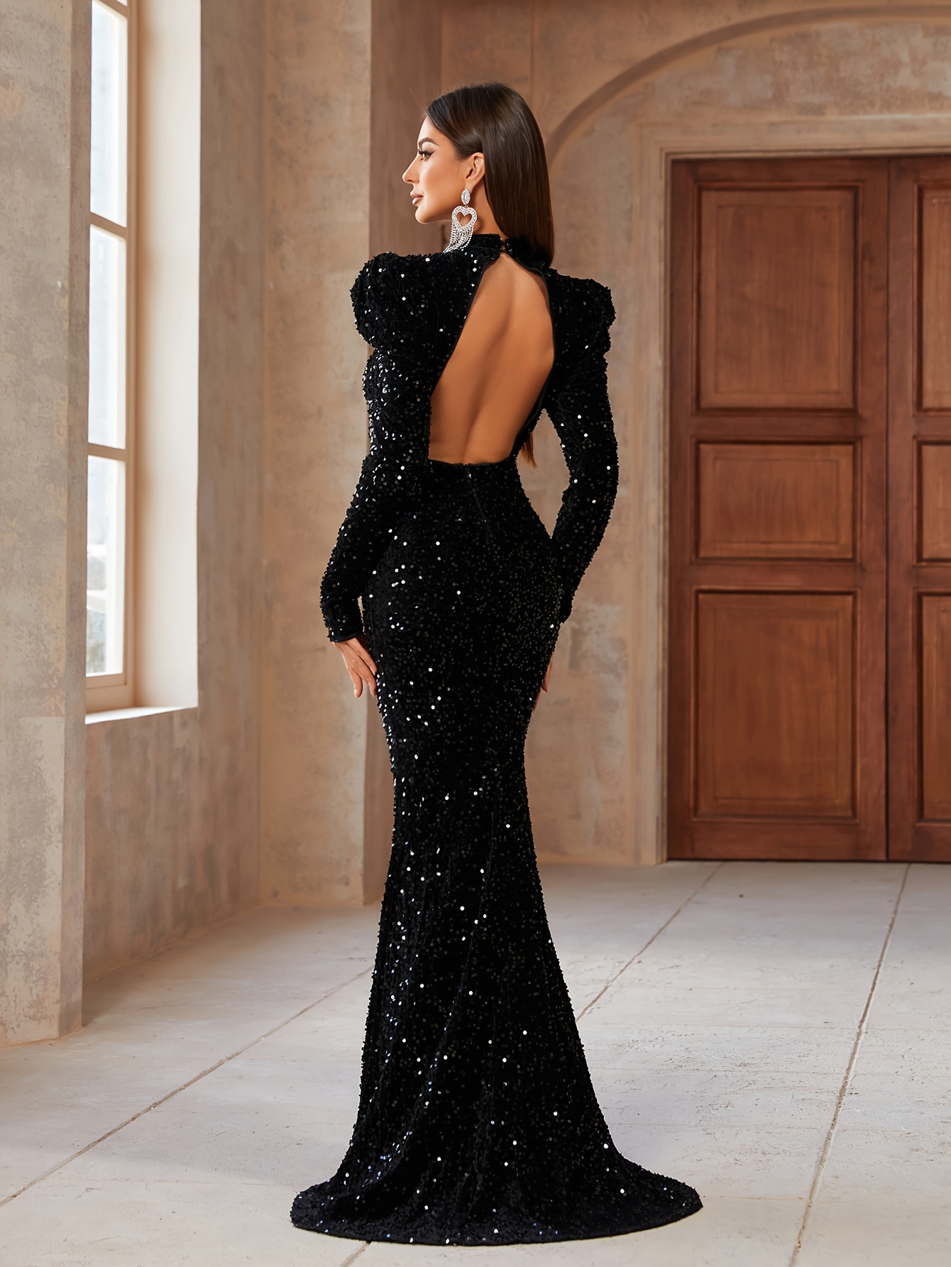 long sleeve backless prom dress Custom Made Long Sleeves Backless Lace Black Prom Dresses, Lace Black  Formal Dresses main image 1