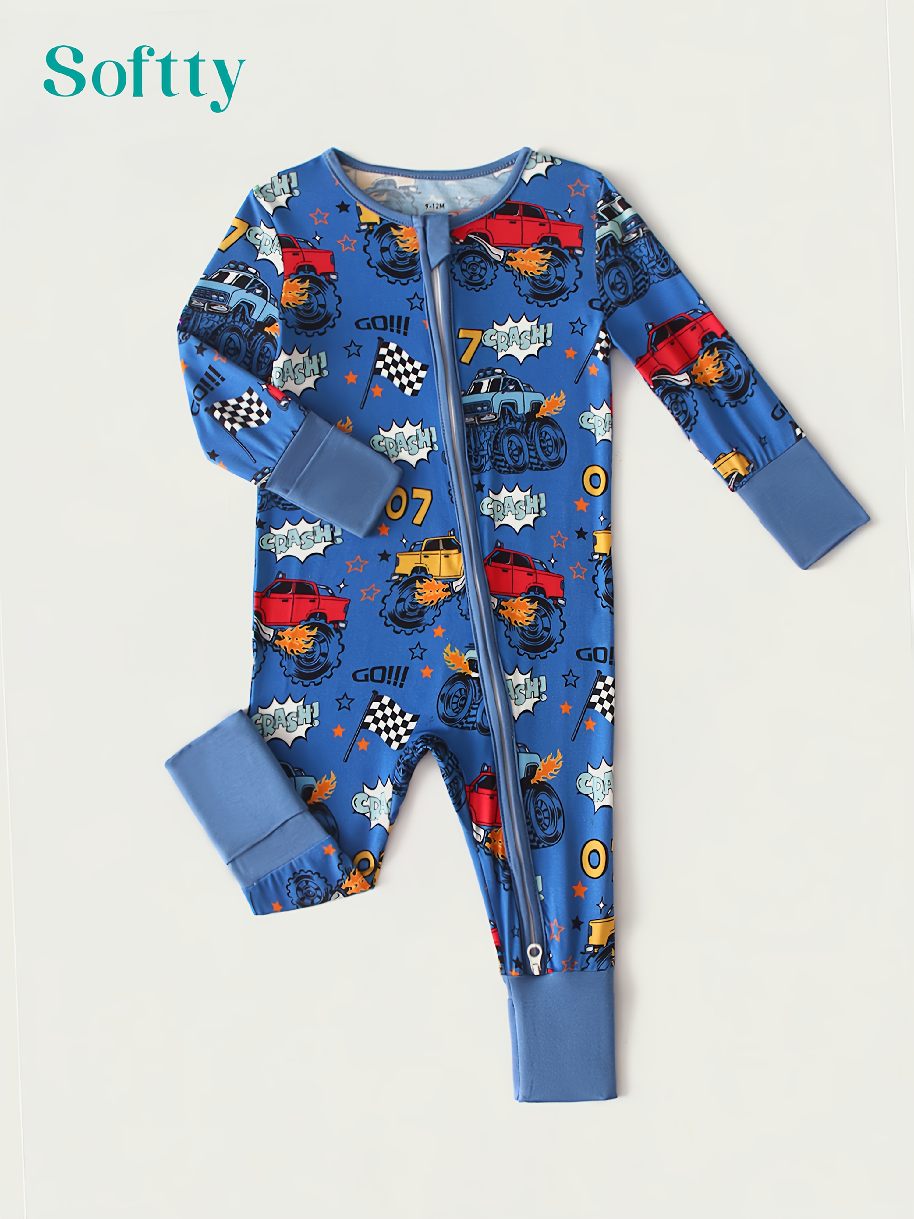 Soft Bamboo Fiber Four-Season Long Sleeve Onesie for Baby Boy, Royal Blue Racing Printed Pattern, Two-Way Zipper, Hand & Foot Protection, High-Quality Printing,Infant & Toddler Boy'S Outdoor Clothes, for Outdoor