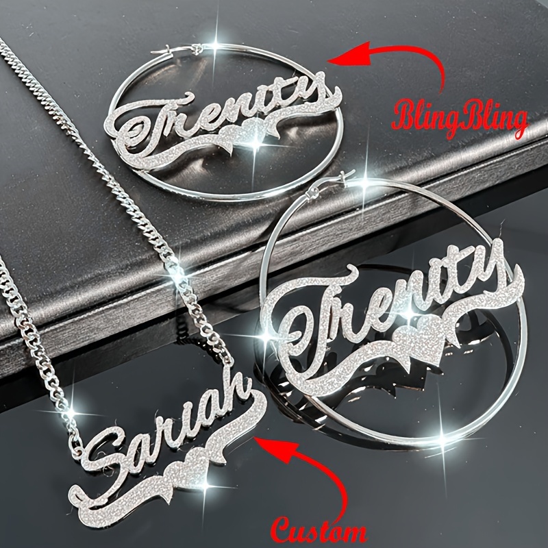 

Custom Name Necklace And Earrings Set - Stainless Steel Personalized Glitter Heart Pendant - Large Hoop Earrings - No Plating Fashion Jewelry For Women - Ideal For Christmas Gifts And Party Wear