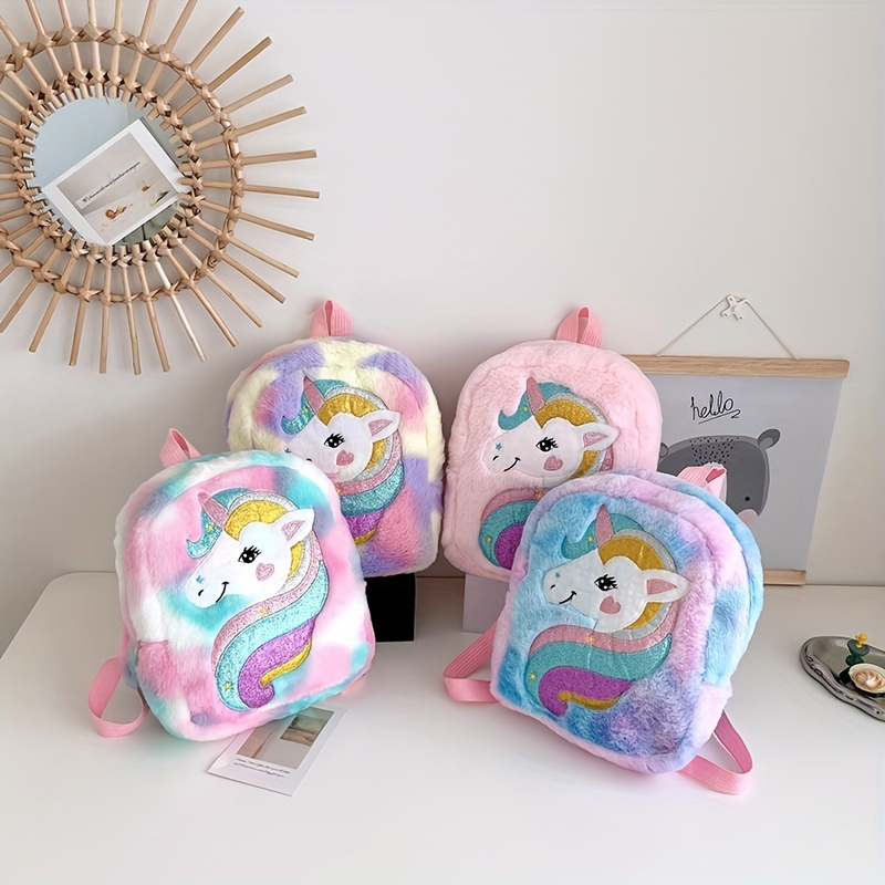 

Unicorn Plush Backpack, Cute Cartoon Faux Fur Dual Shoulder Bag, Random Zipper Direction, Fluffy School Bag