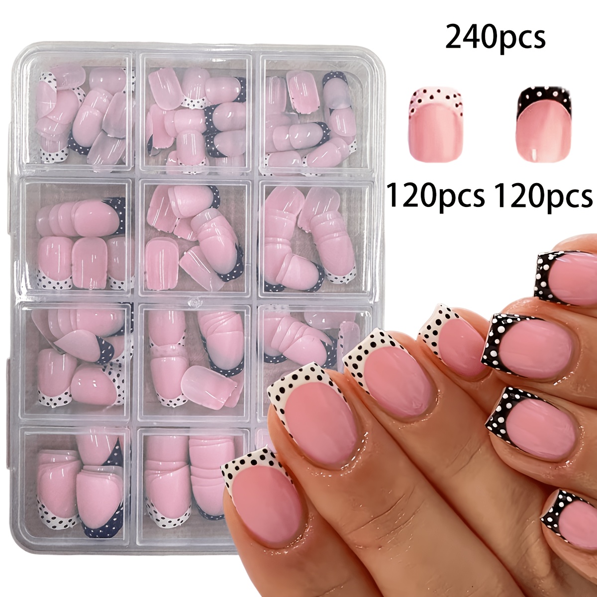 TEMU 240 Stück mit weißen und schwarzen Punkten - Minimalistisches, glänzendes Falsche Nagelspitzen Set, kurze, quadratische, aufdrückbare künstliche