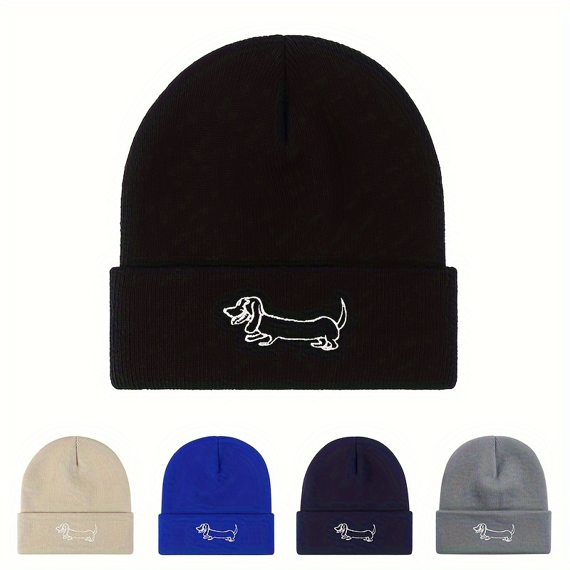 

Cozy Knit Beanie With Embroidered Dog Design - Stretchy & Warm For Outdoor Activities, Cycling, Skiing | Perfect For Festive Parties & Hip-hop Style